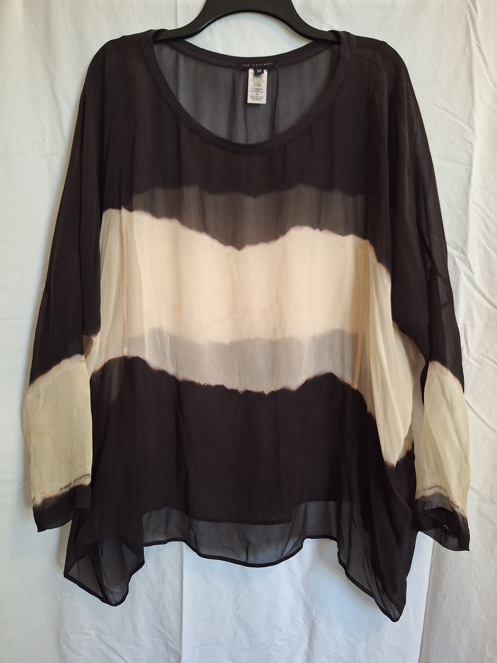 The Refinery Womens Silk Kimono Shirt Black White Long Sleeve Sz M Boho Peasant